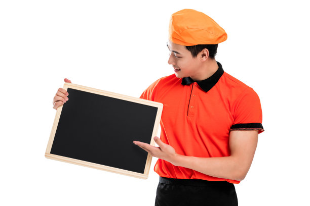 年轻的餐厅服务员展示公告信息图片下载