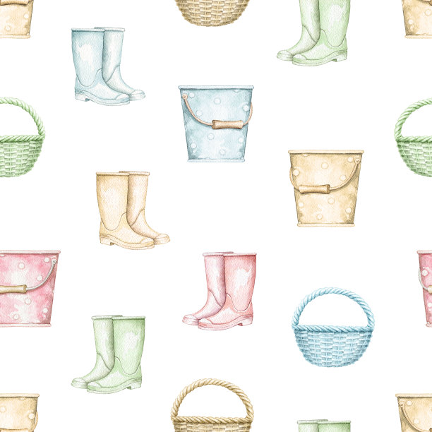 水彩无缝图案柳条篮子，水桶和橡胶靴图片下载