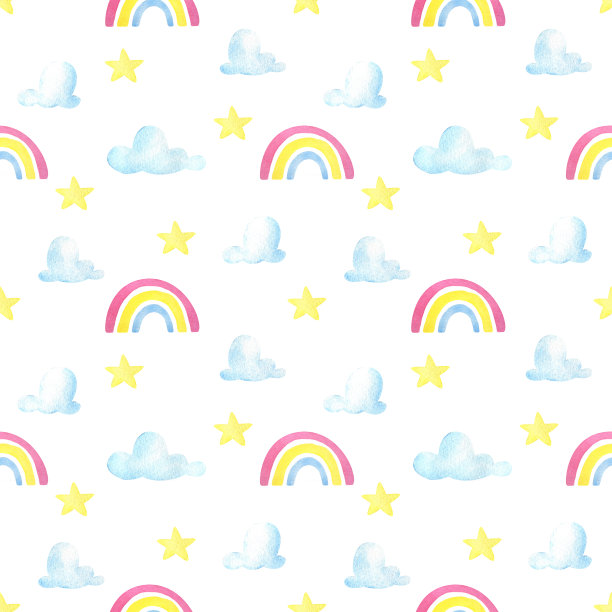 彩虹无缝图案。粉色，黄色，蓝色。夏季和孩子的节日背景。水彩插图上的白色背景。可爱,有趣的打印图片下载