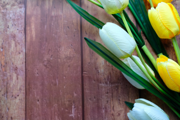 俯视图的彩色郁金香花在木制的背景图片下载