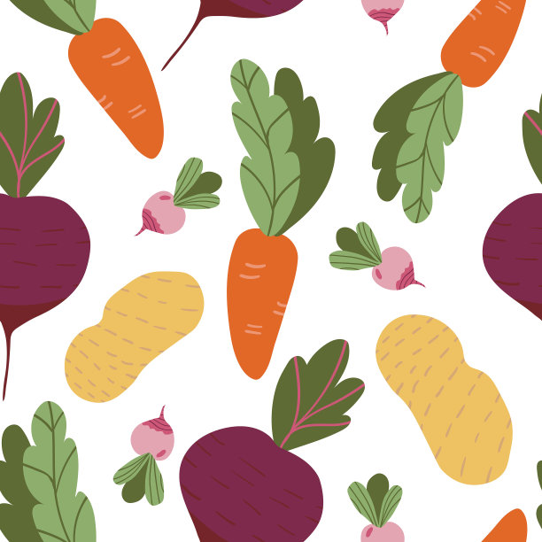 无缝图案用手绘彩色蔬菜涂鸦。矢量纹理。胡萝卜，甜菜，土豆，萝卜背景。素食健康食品。纯素，农场，有机，天然墙纸图片下载