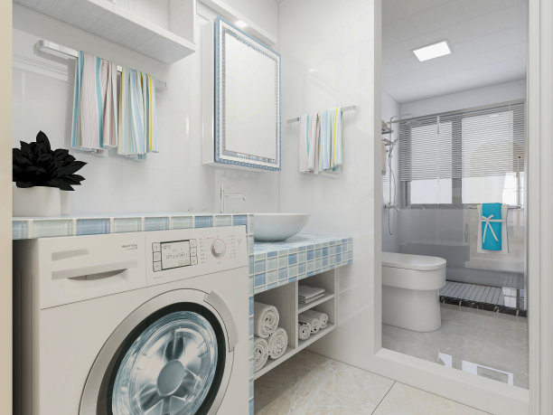 3D效果图，洁净现代住宅浴室及卫生间设计，配备盥洗台、卫生间、淋浴设备等。图片下载