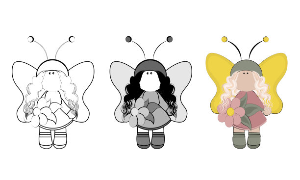 有翅膀的仙女在一个华丽的裙子和在她的手一朵花的三张照片图片下载