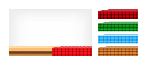 设计编辑用木桌和收藏台布，前视图拷贝空间，空木板台面和台布，木板背景用格子布，桌面上的桌布，桌子上的织物图片下载