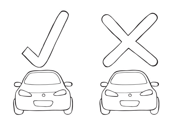带勾号和x号的矢量车。手绘插图。黑色的轮廓，白色的背景。图片下载