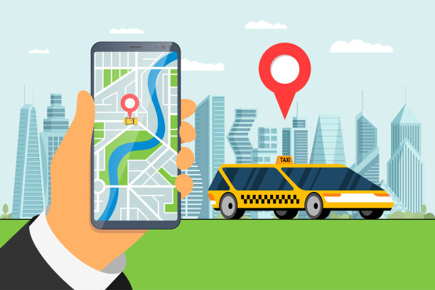 出租车订餐服务app设计。手持智能手机与地理定位gps定位针到达地址城市地图和黄色出租车的概念。网上得到出租车应用平面矢量图素材图片