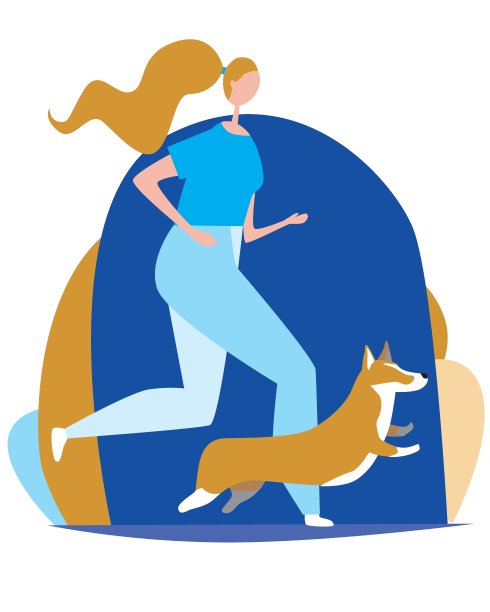 威尔士柯基犬彭布罗克和年轻的女孩或女人作为一个概念人在外表类似于宠物，平面矢量股票插图与狗和主人在运动或跑步图片下载