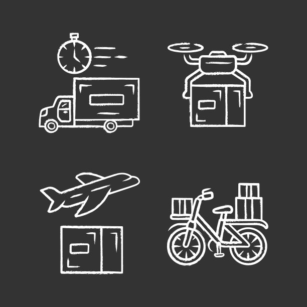 交付粉笔图标集。交付。运输服务。无人机、飞机、自行车送货。物流和配送。邮政服务。孤立矢量黑板插图图片下载