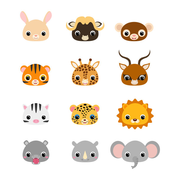 可爱的非洲动物头。平面矢量图例图片下载