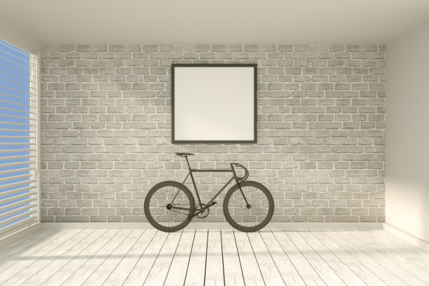 3D室内，客厅，自行车和空框架砖墙和阳光图片下载