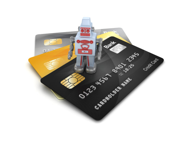 信用卡与复古机器人- 3D渲染图片下载