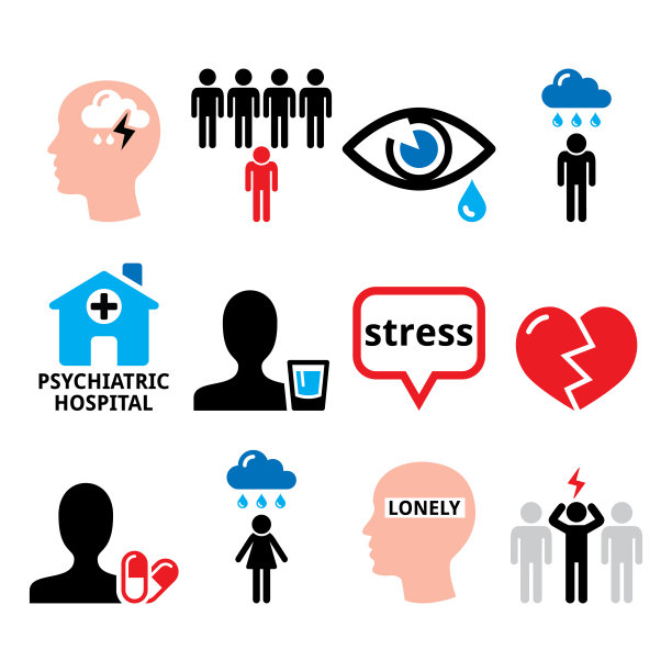 抑郁、压力、焦虑矢量图标集——心理健康理念，抑郁的人设计图片下载