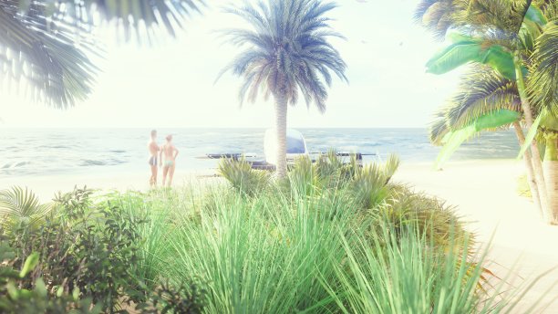 热带岛屿海滩上的无人驾驶空中客运出租车。未来无人驾驶出租车的概念。三维渲染图片下载