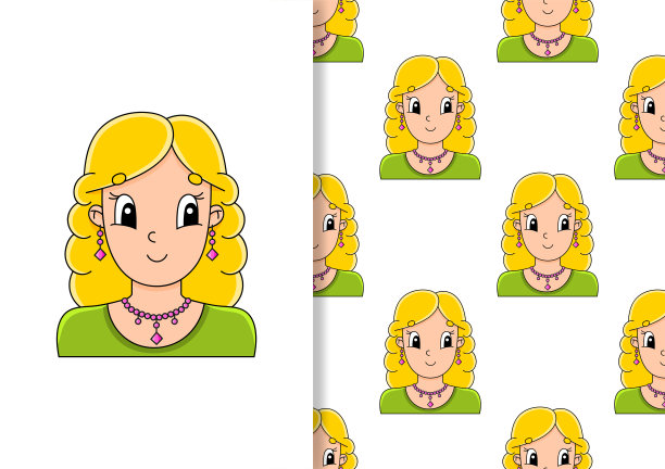 无缝模式。美丽可爱的时尚女孩与珠宝。卡通风格。手绘。颜色矢量插图孤立在白色背景。图片下载