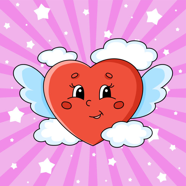 一颗有翅膀的爱心在云端飞翔。可爱的卡通人物。五彩缤纷的矢量插图。情人节。孤立的颜色背景。模板为您的设计。图片下载