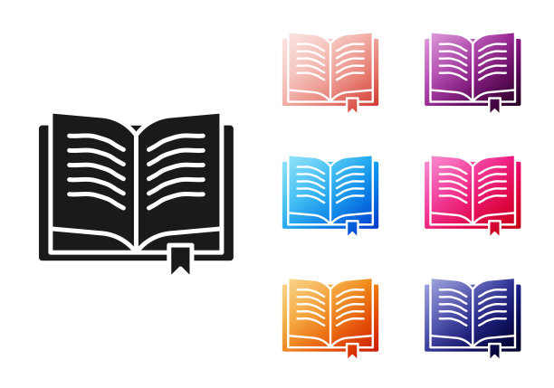 黑色古老的魔法书与炼金术配方和神秘的咒语和结界图标孤立的白色背景。设置图标丰富多彩。矢量图图片下载