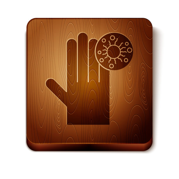 棕色手，病毒图标隔离在白色背景上。2019 - ncov冠状病毒。细菌和细菌，细胞癌，微生物，真菌。木制方形按钮。矢量图图片下载