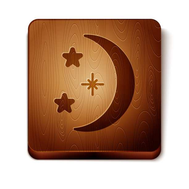 棕色的月亮和星星图标孤立在白色的背景。木制方形按钮。矢量图图片下载