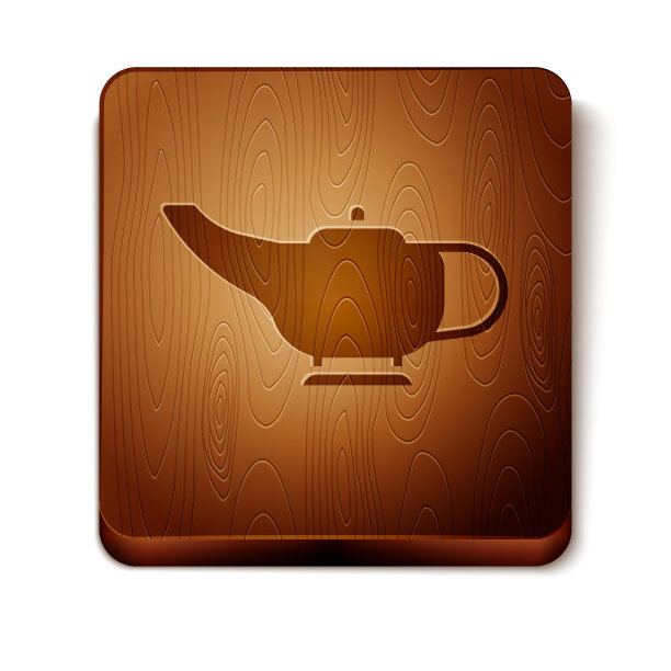 棕色神灯或阿拉丁灯图标孤立在白色背景上。祈愿的灵灯。木制方形按钮。矢量图图片下载