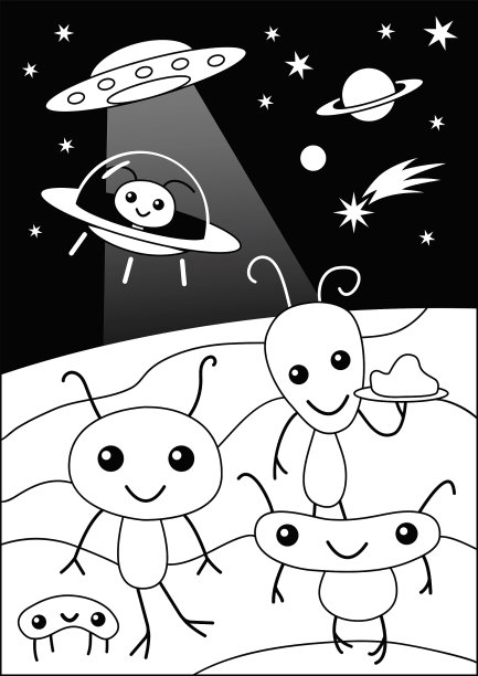 可爱有趣的外星人派对卡通着色页图片下载