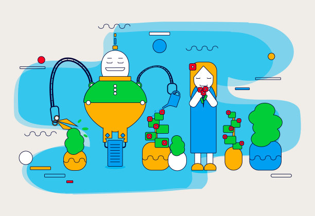 坐在餐桌旁的女孩。满意的机器人端着一盘食物和饮料。图片下载