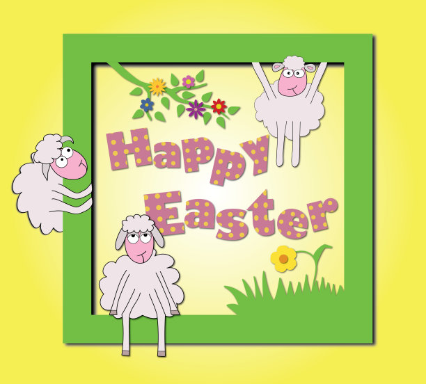 复活节快乐矢量插图与有趣的卡通羊和花。图片下载