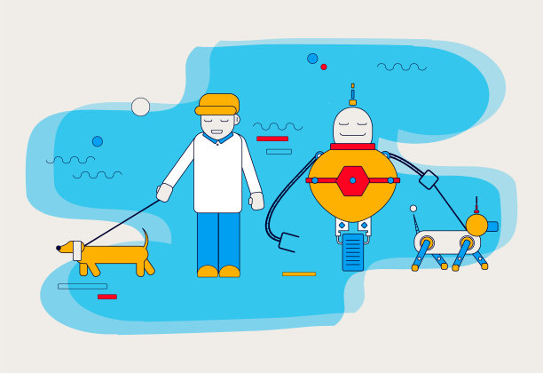机器人遛电子狗。人与活的动物。彩色卡通插图。图片下载