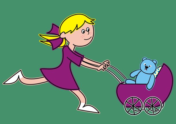 跑步女孩和婴儿车与熊，矢量插图图片下载