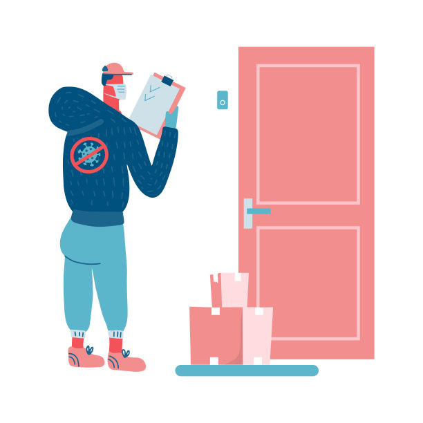 带医用口罩和医用手套的快递员将纸箱从超市送到门口。非接触传递，防止冠状病毒传播。平面向量插图图片下载