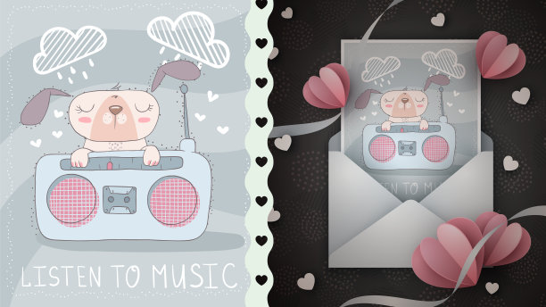 可爱的狗听收音机——贺卡的创意。图片下载