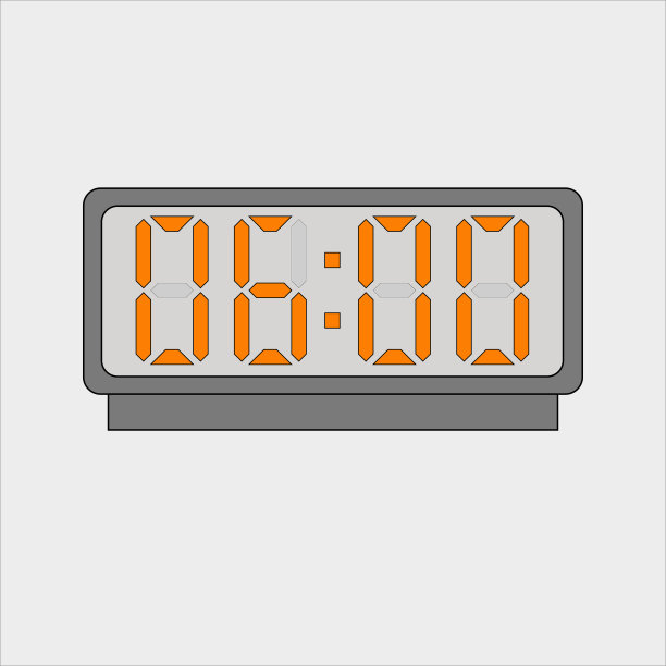 数字时钟或闹钟的矢量图像或图片，在浅灰色背景上有橙色的数字显示时间。六个小时点图片下载