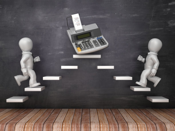 商业字符在步骤与计算器在黑板上- 3D渲染图片下载