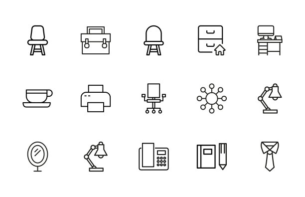 一套简单的办公室图标在时尚的路线风格。图片下载