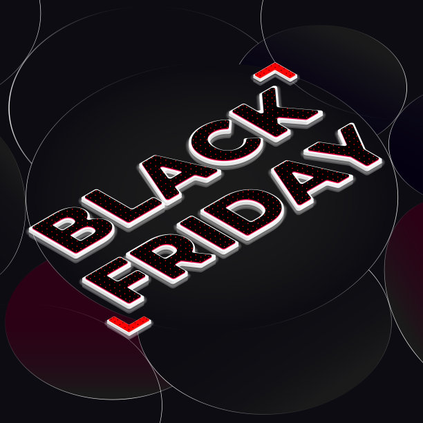 简约的黑色设计。等距设计的两层三维字母表面有红点。圆的平滑动态相交。商业横幅、广告、海报、传单。“黑色星期五”。图片下载