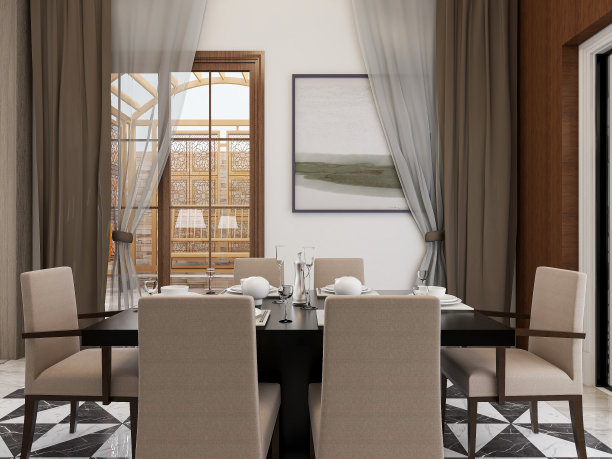 3D渲染，宽敞的餐厅设计旁边的现代厨房，与美丽的餐桌和绿色植物图片下载