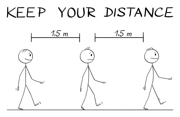 新冠肺炎疫情期间如何在街上行走的矢量卡通教学插图。保持距离文字图片下载