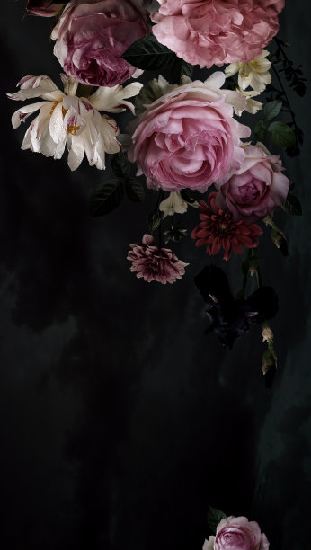 花环豪华花园玫瑰和牡丹在水彩画黑色背景。花朵装饰。的背景。巴洛克风格。图片下载