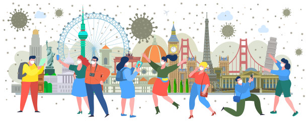 检疫和旅行的概念。人们正在旅行，并戴着防护口罩。图片下载