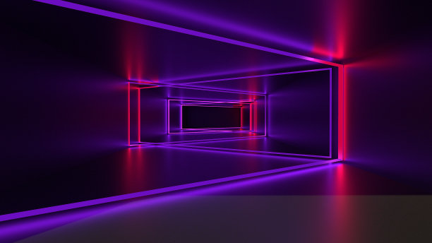 3d渲染，发光的线条，霓虹灯，抽象的迷幻背景，紫外线，鲜艳的颜色。霓虹灯发光灯复古网络三角形蓝紫色发光荧光灯摘要。图片下载