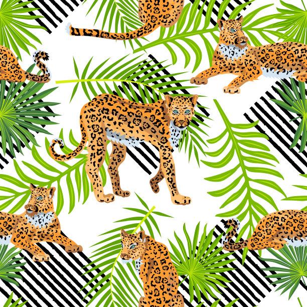 无缝图案与豹子，热带棕榈叶图片下载