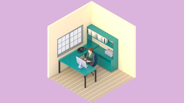 家庭办公室工作场所凌乱的概念与笔记本模型和其他物体。3 d渲染。在家工作的概念。一套家具室内工作室的房子。图片下载