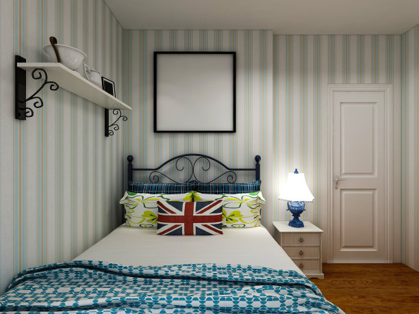 3d渲染，蓝色地中海式卧室设计，大床配大衣柜，插图，电视，地毯等，非常舒适和休闲。图片下载