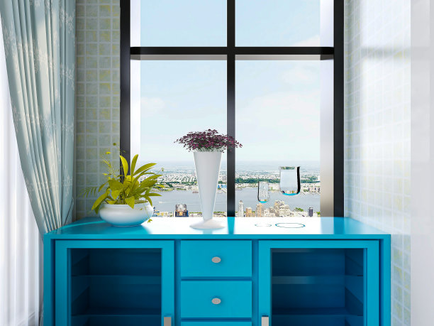 3D渲染，蓝色地中海式城市住宅阳台设计，绿色植物和蓝色抽屉柜，休闲舒适图片下载