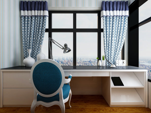 3d渲染，蓝色地中海式卧室设计，大床配大衣柜，插图，电视，地毯等，非常舒适和休闲。图片下载