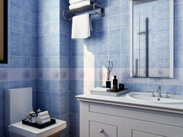 3D效果图，洁净现代住宅浴室及卫生间设计，配备盥洗台、卫生间、淋浴设备等。图片下载