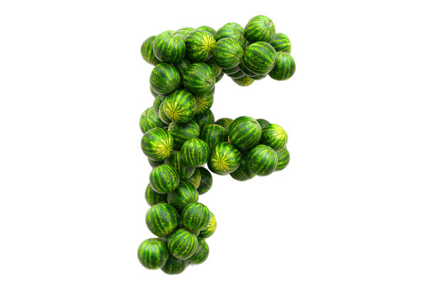 字母F来自西瓜。3D渲染孤立的白色背景图片下载