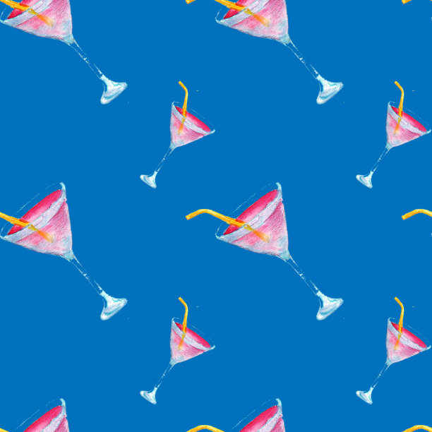 鸡尾酒杯无缝图案。夏天有趣的背景。海滩，酒吧和热带树叶图片下载