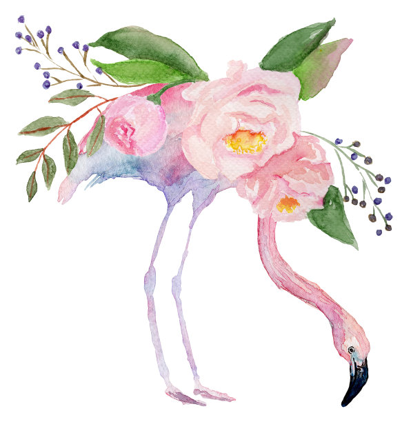 水彩画火烈鸟和花，为婚礼卡片，浪漫的印刷品，织物，纺织品和剪贴簿。素材图片