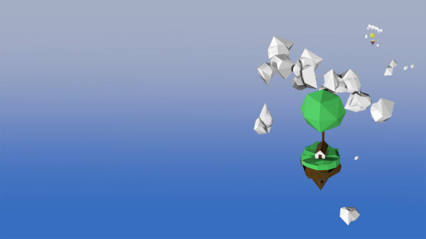 3 d渲染。在蓝色渐变背景上浮动的多边形风格的绿色星球上的小房子。图片下载