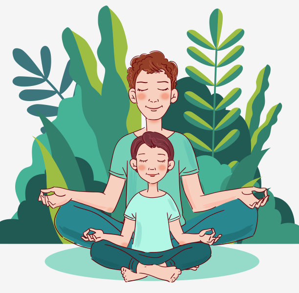 父亲和儿子在花园里做瑜伽。家庭瑜伽矢量插图。夏天的风景背景图片下载